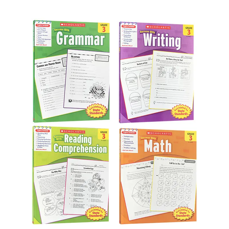 

4Pcs English Books Scholastic Success with Math/Writing/Reading/Grammar, Grade3 English Enlightening Exercise Book Homework