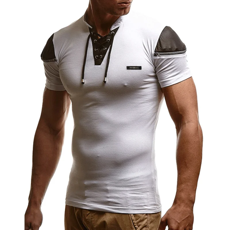 

T-shirt Summer Men Cotton V-Neck Tie Breathable Solid Color Short Sleeve T-Shirts Fashion Casual Slim Tees Streetwear Plus Size