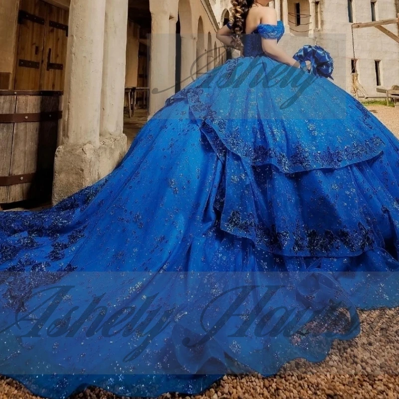 Элегантные королевские синие мексиканские платья Quinceanera с кружевной аппликацией