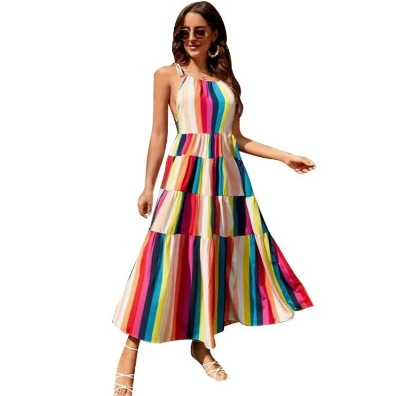 

Long A Line Dress Women Lace Up Spaghetti Strap Empire Robes Summer New Colors Striped Print Sweet Sexy Maxi Dresses Ropa Mujer