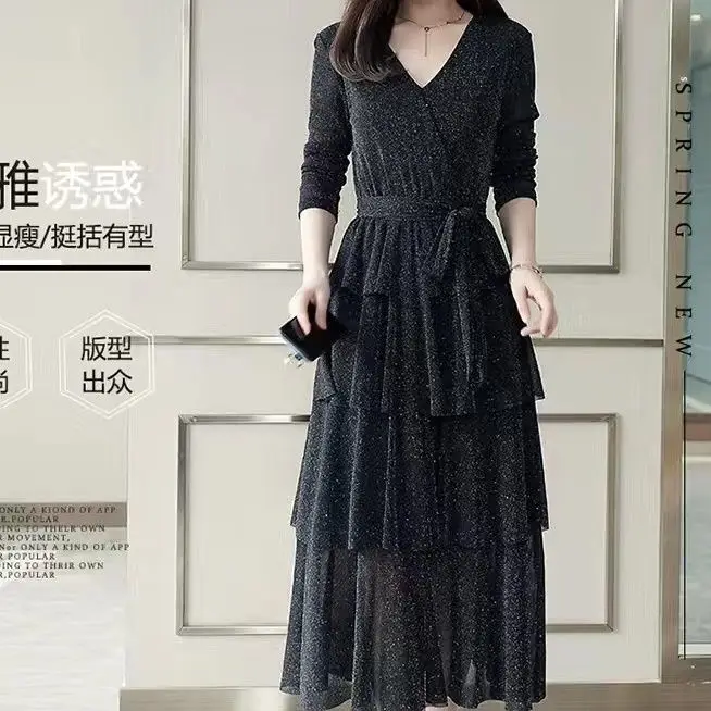 

Women Vintage Spring Autumn Midi Calf Long Sleeves V Neck Dress Office Lady Casual A Line Solid Color Pullover Vestitods M461