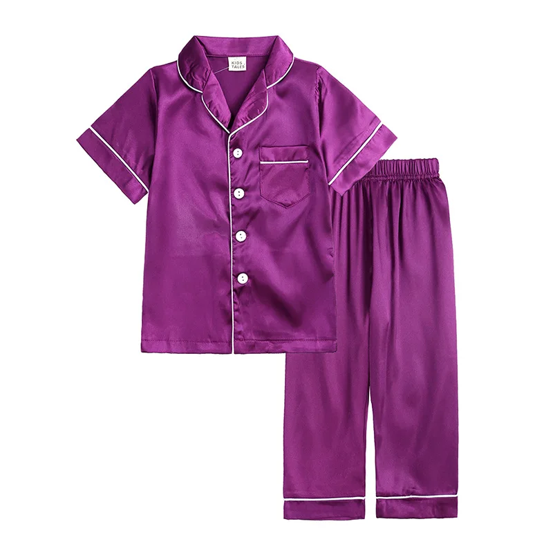 

1-12 Year Children Boys Girls Pajamas Set Silk Homewear Solid Color Long Sleeve Tops+Pants Two Pieces Sleepwear Children Set
