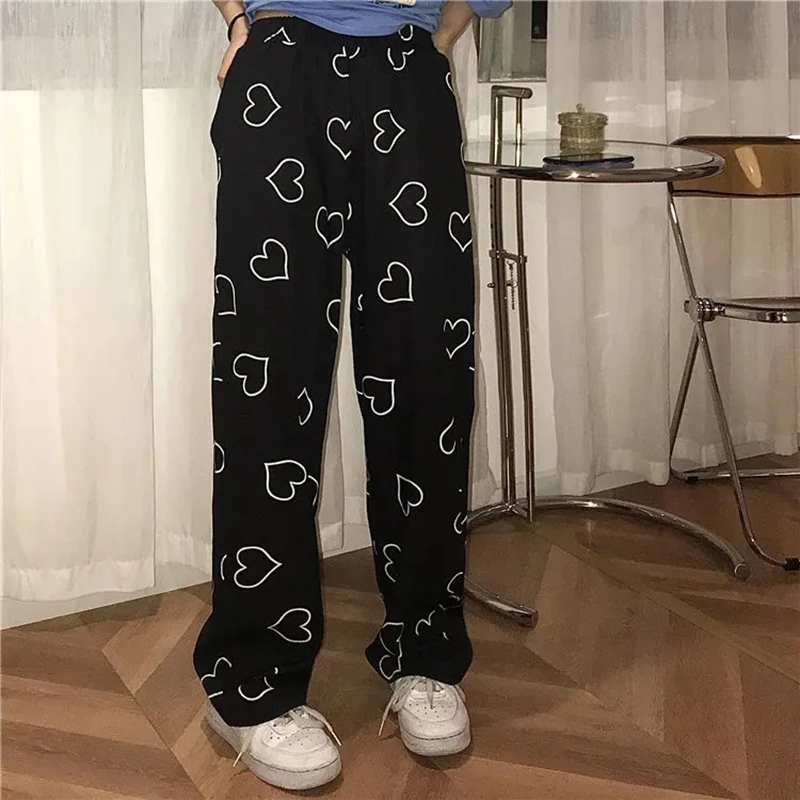 

2022 Fried Street Summer Love Printed Black Loose Casual Thin Straight Pants Women y2k trouser suits Kawaii Woman clothes emo