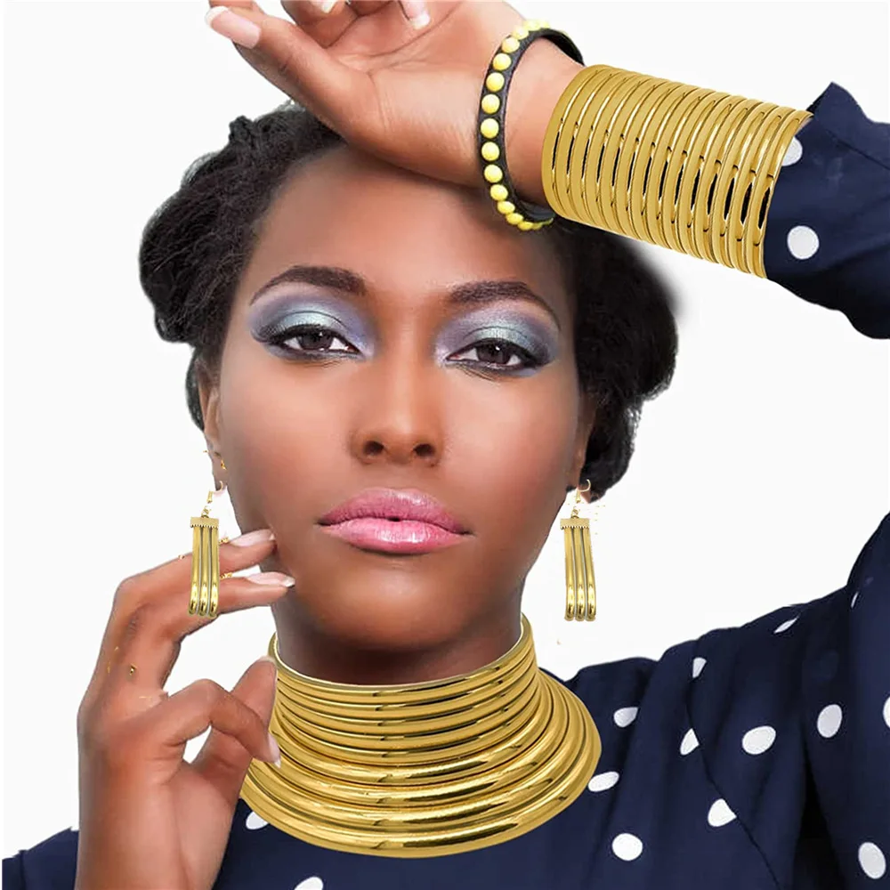 

Liffly African Style Statement Choker Necklace Earrings Set for Women Punk Wedding Collar Bracelets Large Jewelry Set