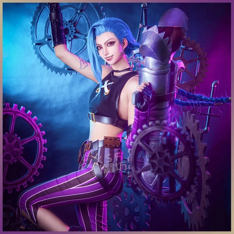 

Women Tube Top Pants Gloves Tattoo Sticker Accessories Set Anime Arcane Game LOL Runaway Lolita Jinx Cosplay Costumes Halloween