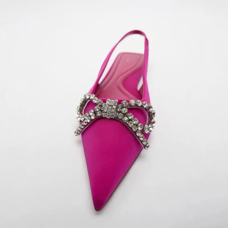 TRAF 2022 Rose Red Flat Shoes Women Rhinestone Butterfly Flat Sandals Female Muller Pointed Toe Woman Elegant Wedding Bride Shoe