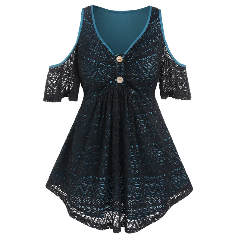 

Casual T Shirt Lace Tops For Women Geometric Hollow Out Mock Button Empire Waist Cold Shoulder Summer Tee