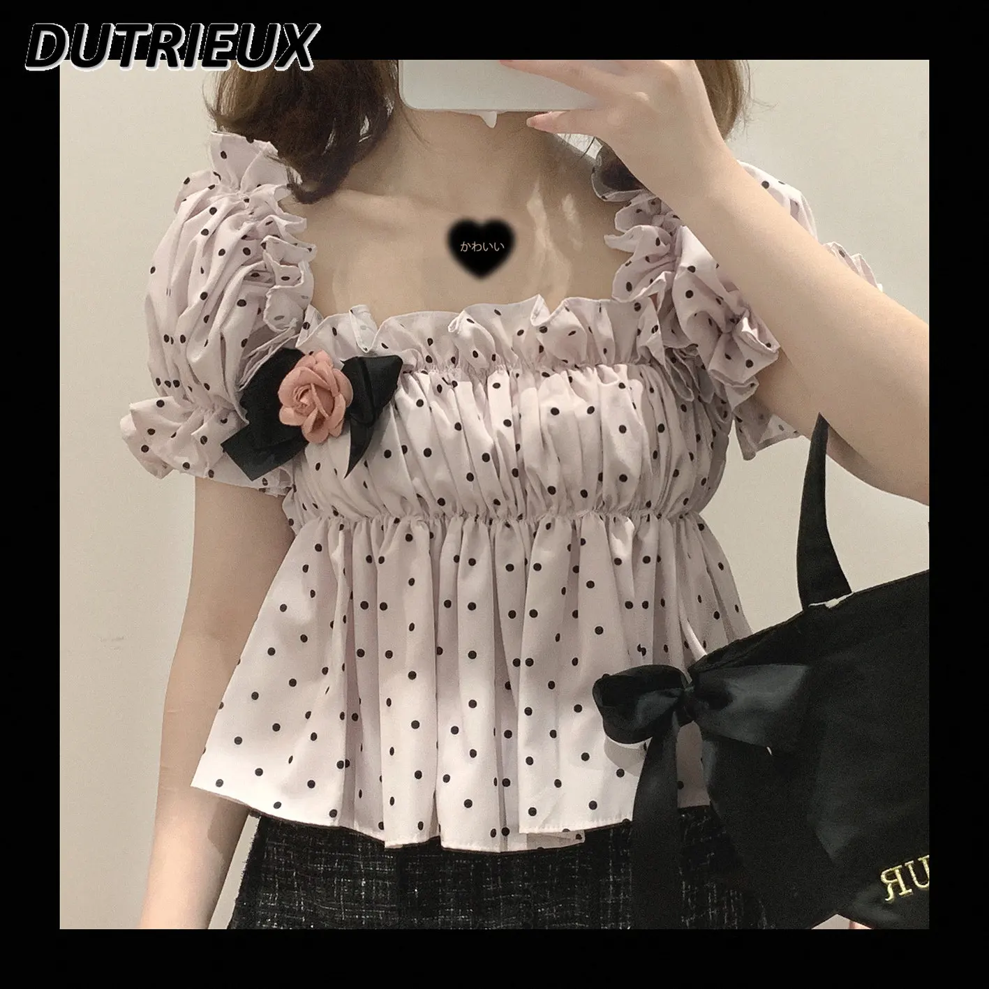 

Polka Dot Off-Shoulder Sweet Mass Production Short Top Loose Slimming Japanese Style Blouse All-Matching Short Sleeve Shirt