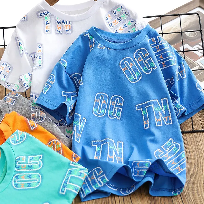 

Summer Boys T-Shirt Loose Short Sleeve 2023 Casual Loose Half Letter Crew Neck Sleeve Top Kids Clothes Teenage 2 To 12 Years Old