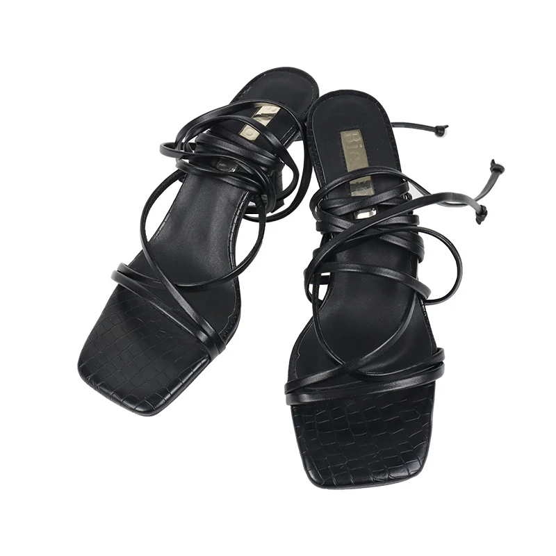 

Летние женские туфли на тонких шпильках, черные сандалии из искусственной кожи с квадратным носком для женщин