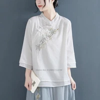 2022 female linen cotton chinese traditional national tops flower embroidery loose hanfu blouse women elegant oriental tang suit