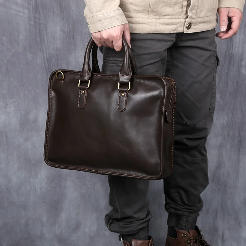 Retro Men's Briefcase Leather Laptop Bag Top Layer Cowhide Casual Designer 14 Inch Handbags Shoulder Bag Messenger Briefcase