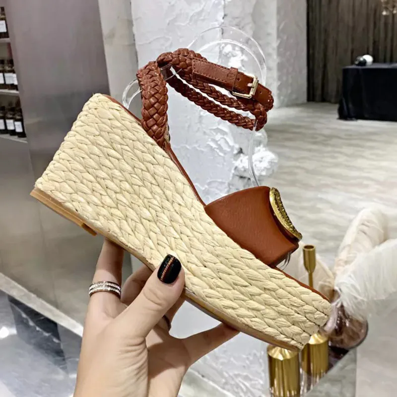 

Platform Wedges Sandals Women's 2021 Fashion Straw Soles Fisherman Shoes Genuine Leather Weave Ankle Buckle Design Pumps Ladies