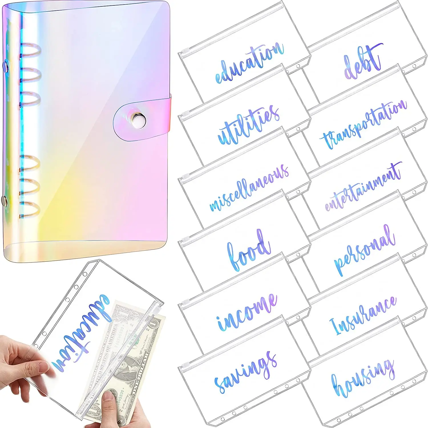 A6 Rainbow Soft PVC Notebook Cover Planner Budget Binder Organizer with 12 Categories Zipper Binder Envelopes for Bill Planner