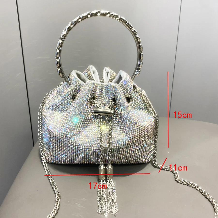 Color contrast tassel women's bucket bag summer dull diamond party dinner bag round handle handbag chain single shoulder bag sac