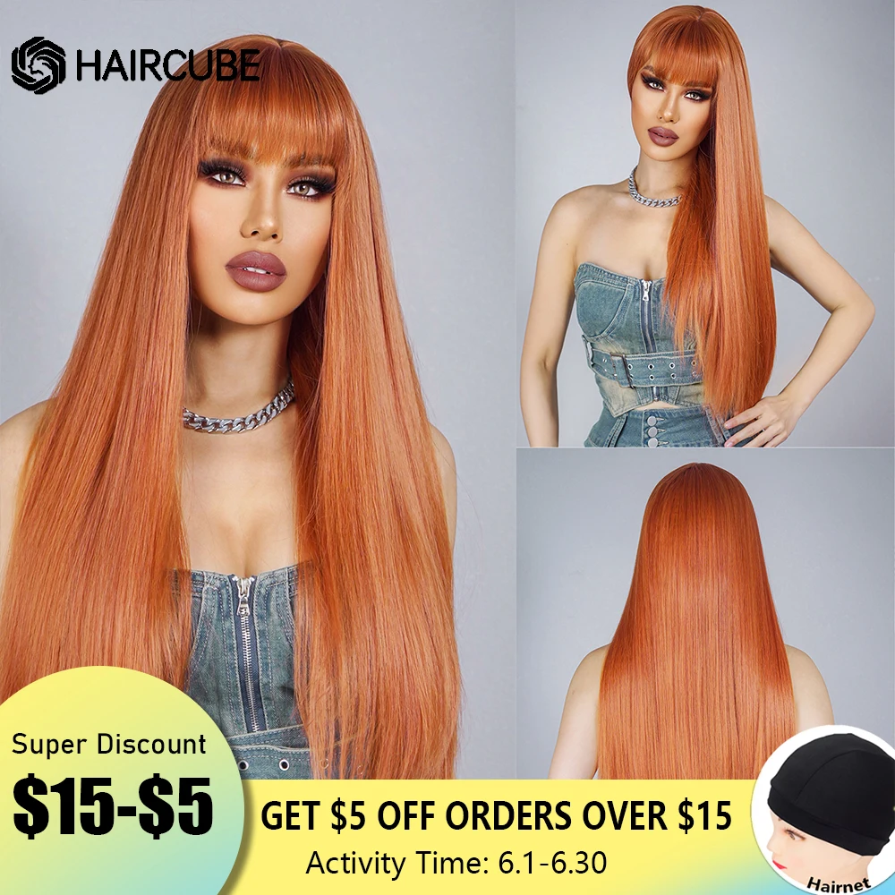 

HAIRCUBE Orange Cosplay Hair Synthetic Wigs for Women Long Straight Ginger Wigs With Bangs Daily Party Heat Resistant Fake Hair