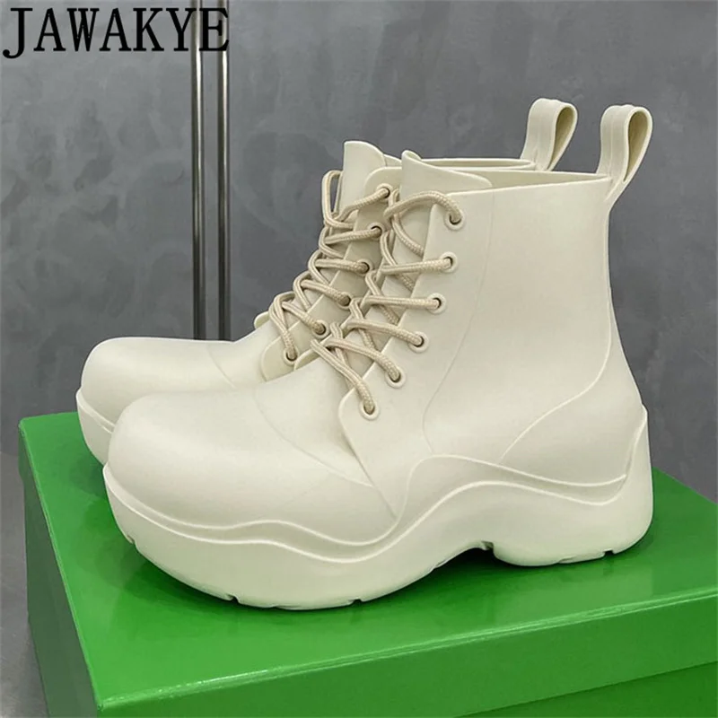 

New Luxury PVC Punk Boots Women Autumn Winter Round toe Thick Sole Casual Lace Up Brand Ankle Boots High top Flat Shoes Mujer