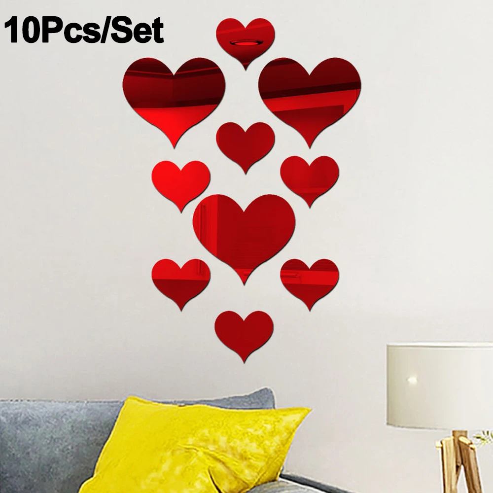 

10Pcs/Set 3D Love Mirror Wall Stickers Acrylic DIY Hearts Wall Sticker Bedroom Art Background Decorations Bathroom Mini Mirrors