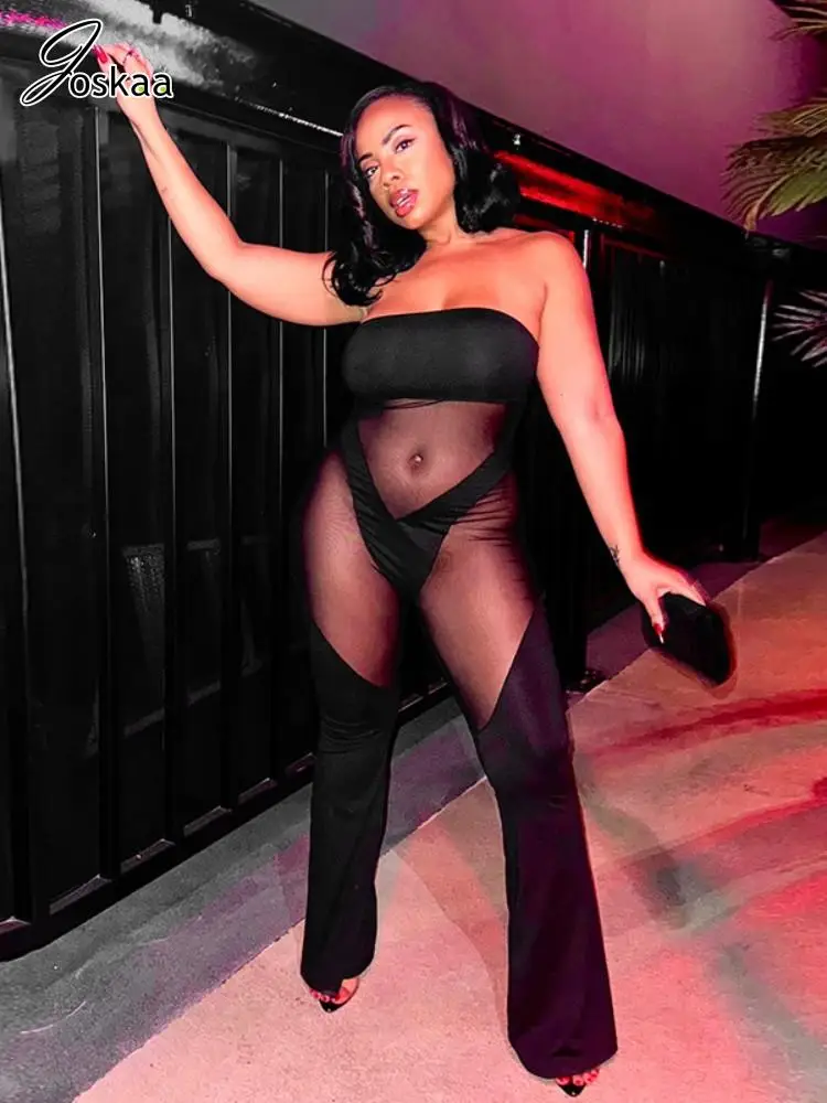 Joskaa сексуальные прозрачные черные комбинезоны без бретелек женские сетчатые