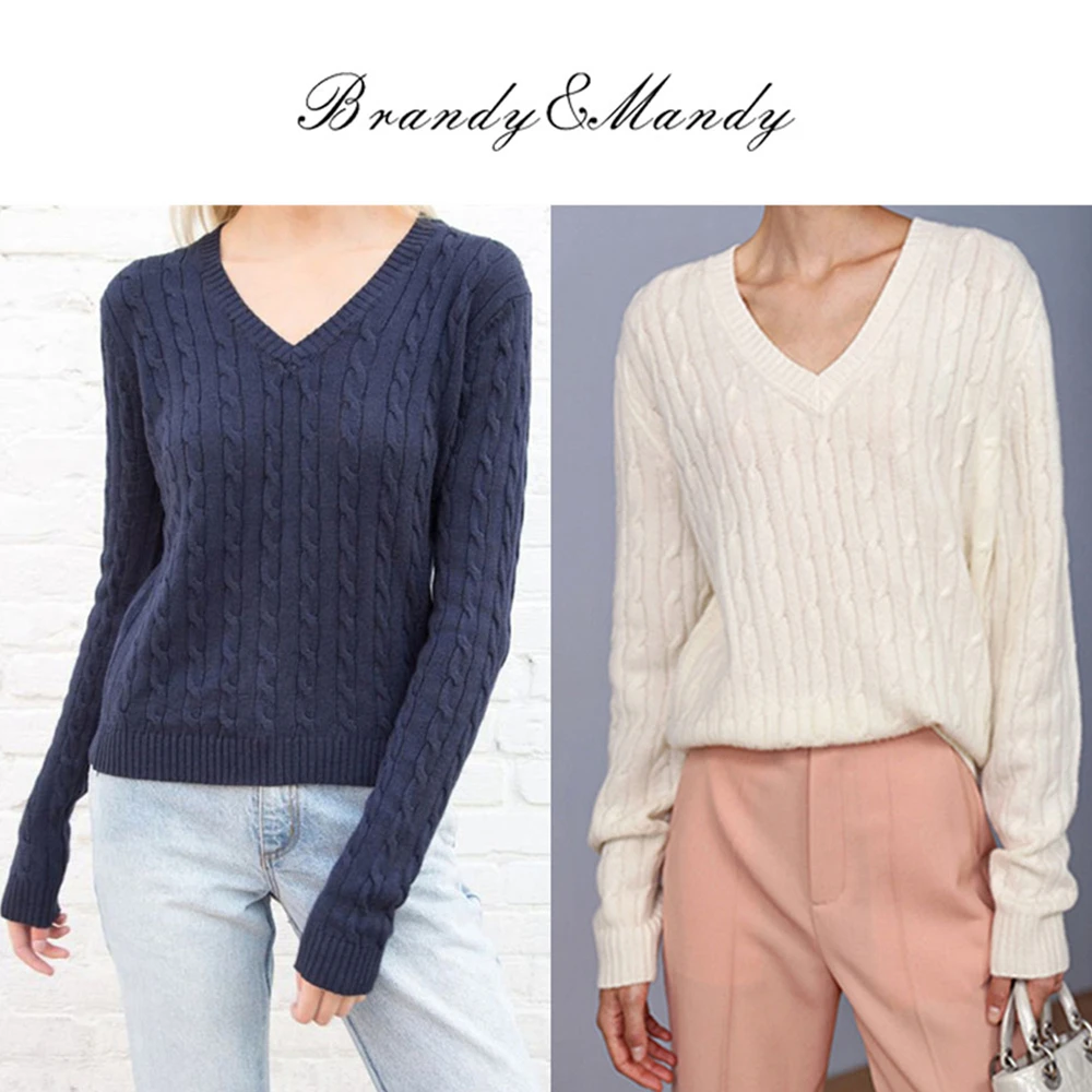 

Brandy Mandy Sweaters Women White Knit Sweater Autumn Winter V Neck Long Sleev Knitted Sweater Navy Pullover Brandy Girl Sweater