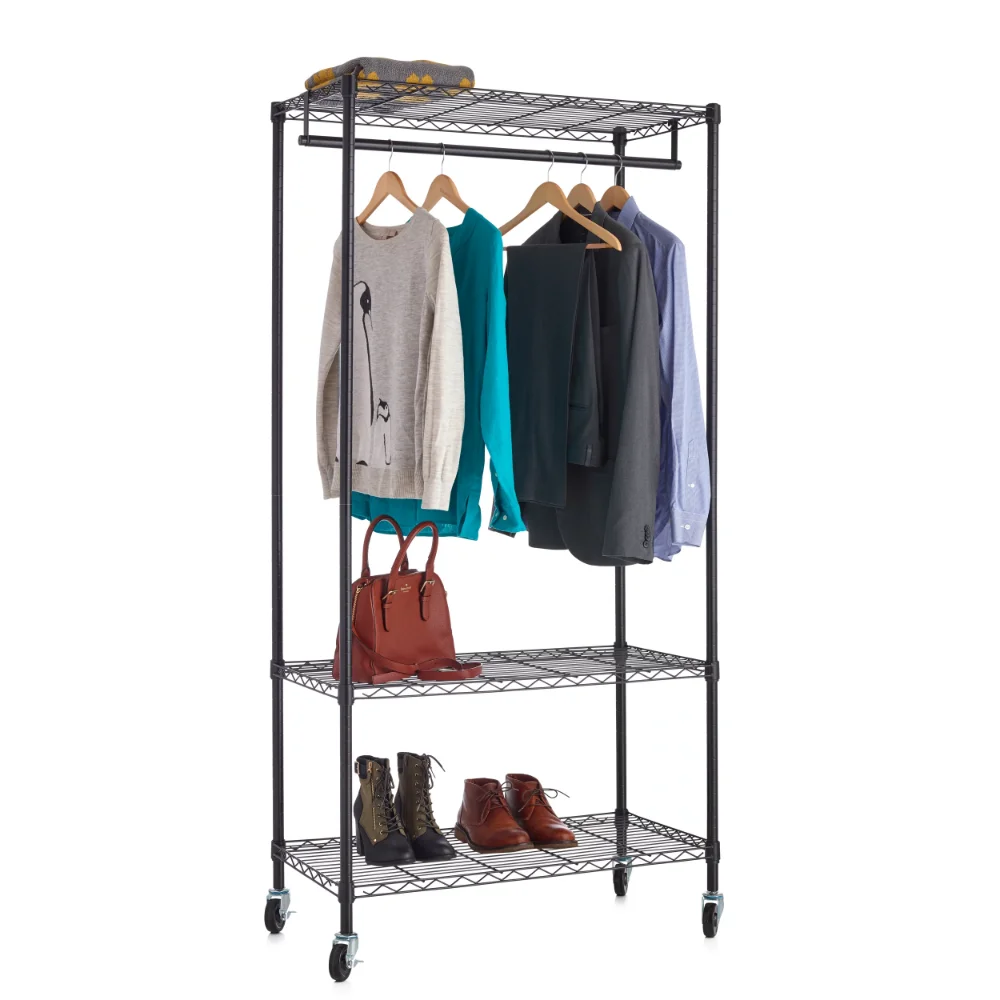 

Coat Rack Clothing Rack Simple Wardrobe 3-Tier Wire Shelf Garment Rack with Casters 18"x48"x73" Black, Capacity 500 Lbs