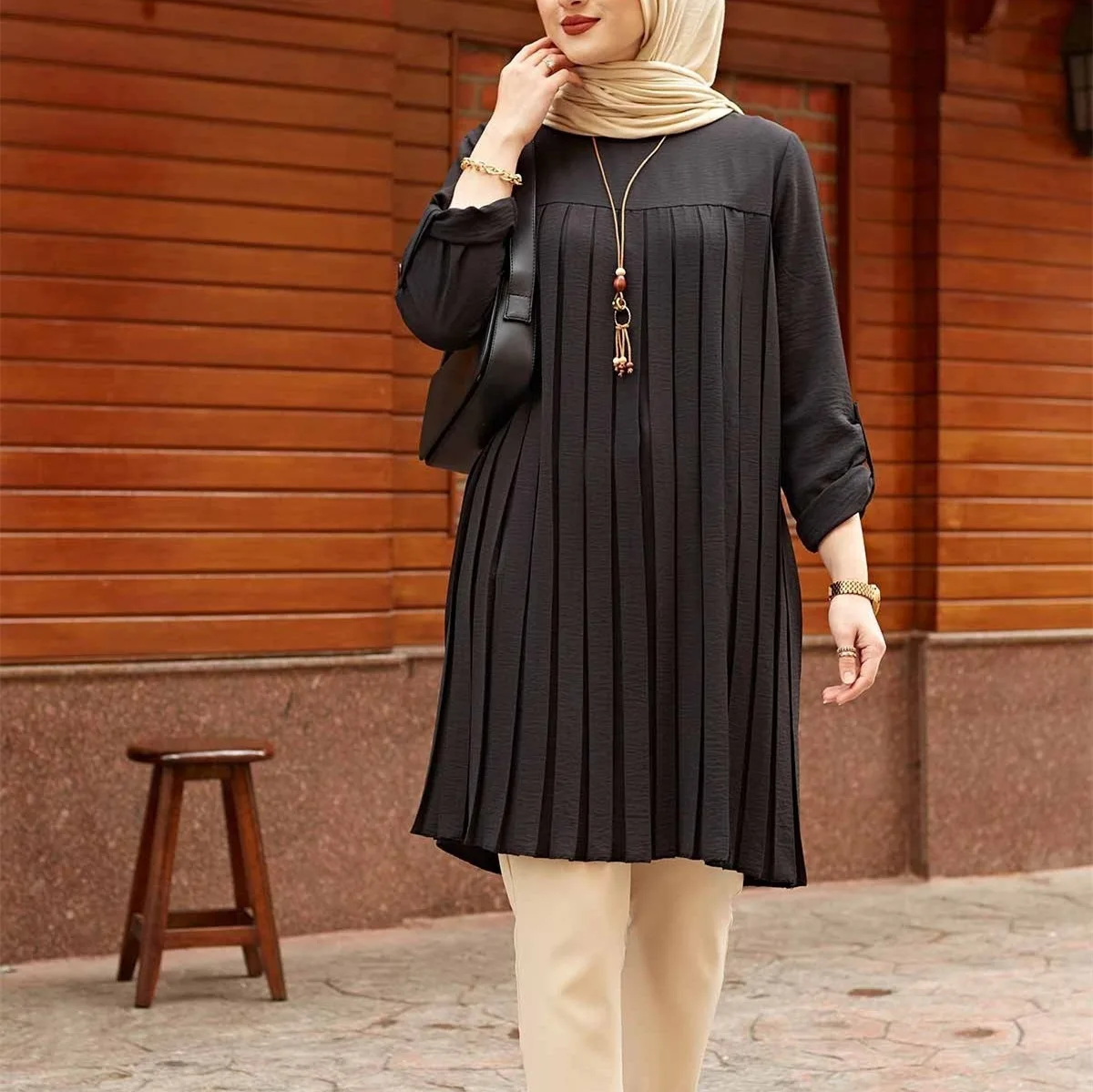 Muslim Casual Pleated Blouse for Women Spring Loose Long Sleeves O-neck Shirt Middle Islam East Female Tops  muslim fashion