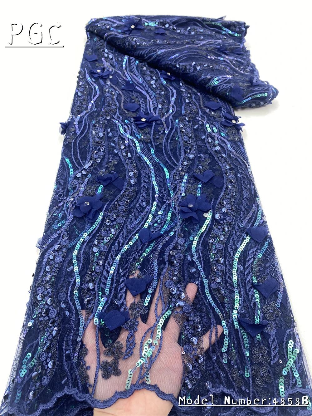 

PGC 2022 Women's 5 Yards Navy Blue Sequins Sewing Material 3D Flowers Embroidery French Lace Fabric For Party Dress 4858B