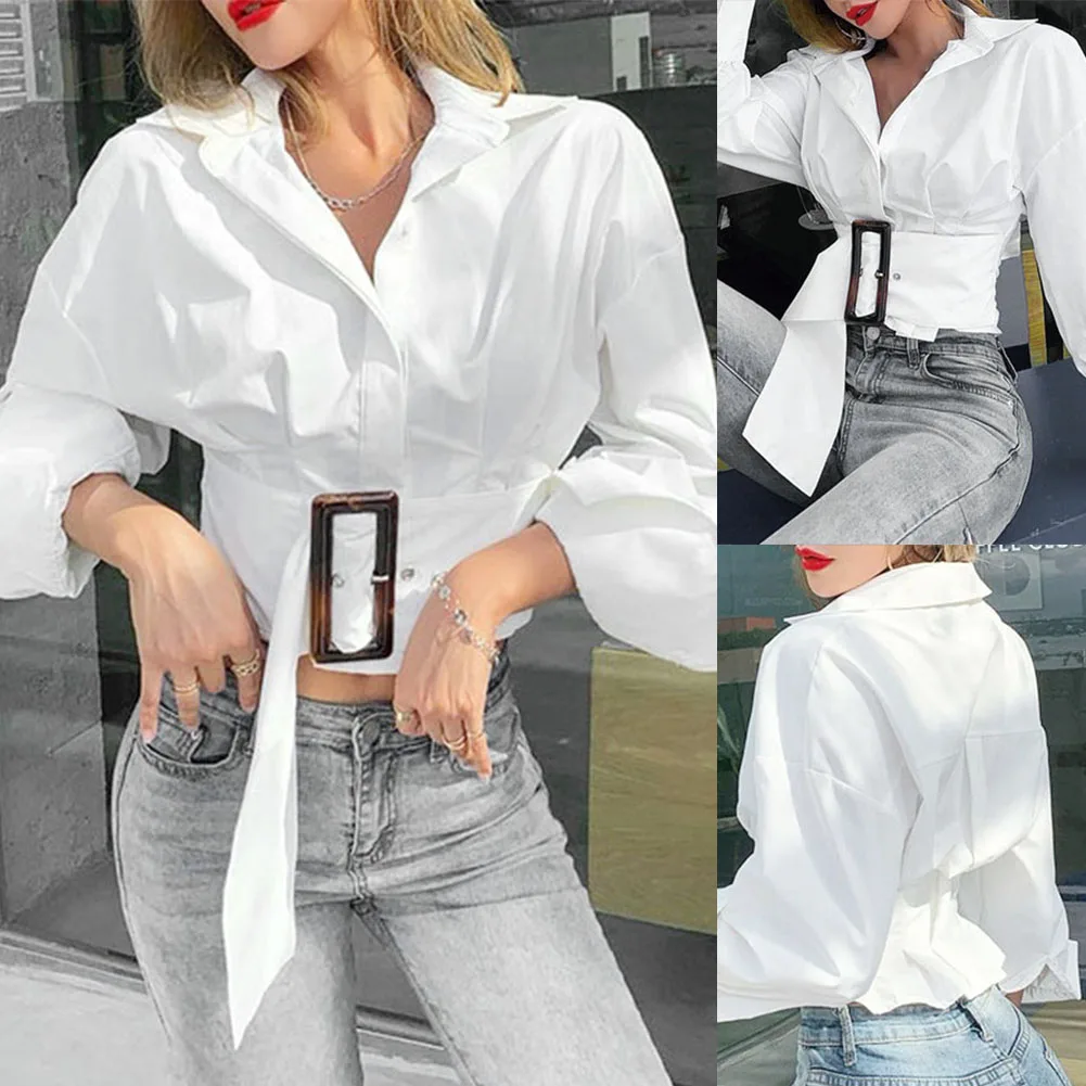 

Autumn And Winter British Slim Fit Shirt Sexy Long-Sleeve Belt Stitching Single-Breasted Shirt