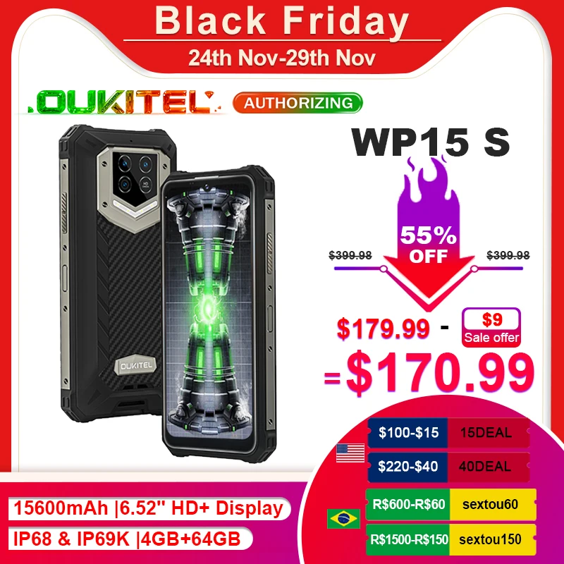 OUKITEL WP15 S WP15S 15600mAh Rugged Phone 6.52''HD+ IP68 Waterproof Mobile Phone 4GB+64GB 20MP Triple Camera Global Bands Phone