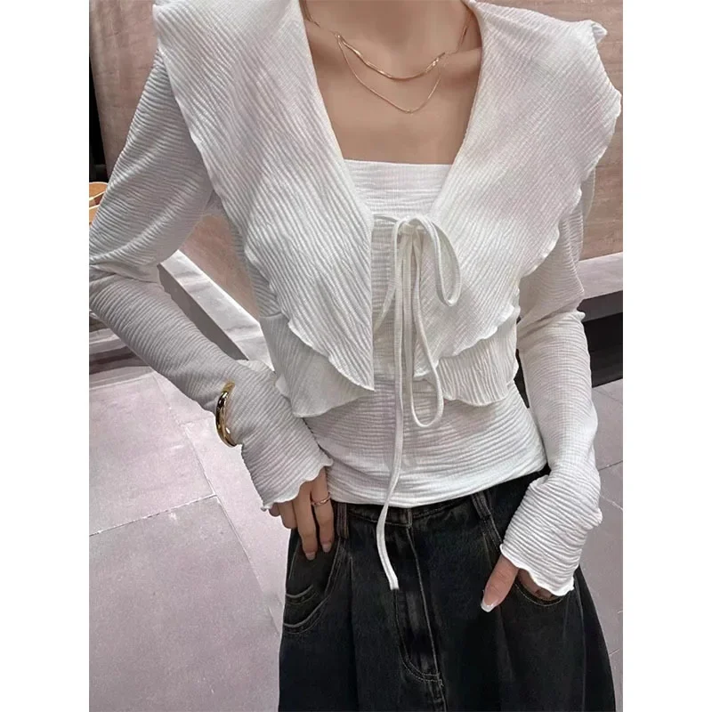 New Women's Long Sleeve T-Shirt From Dongguan 024 Nanyou Slimming Top With Ruffle Edge And Sweet Tie-Up Design For Smooth Sihoue