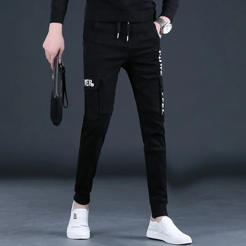 Autumn Men Jean Cargo Pants Fashion Letter Printed Streetwear Casual Black Elastic Waist Drawstring Denim Trousers