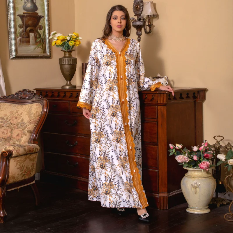 2023 Summer Muslim Women Fashion Long Sleeve V-neck Printing Polyester Orange Long Abaya Muslim Dresses Abaya Dress