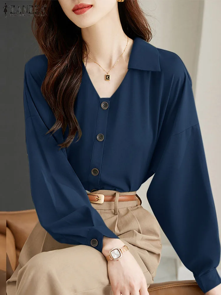 

ZANZEA Vintage Women Blouse Sexy Lapel V-neck Tops Tunics Casual Loose OL Long Sleeve Shirts 2023 Autumn Buttons Solid Blusas