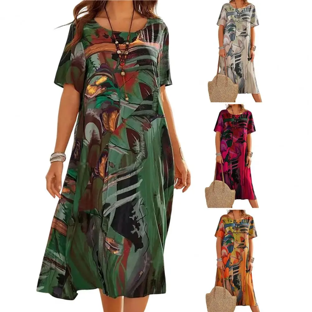 

Платье-макси летнее с круглым вырезом, коротким рукавом и абстрактным принтом