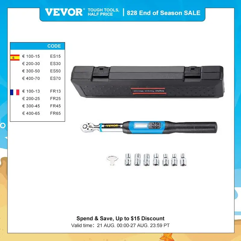 VEVOR Digital Torque Wrench Kit 3/8in Bidirectional Ratchet Head Professional Adjustable Bicycle Repair Hand Tools 6.8-135 N-m