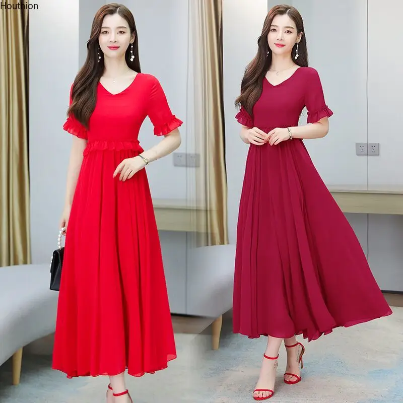 

Women's Plus Size Dress New Fashion A-LINE Bohemian Mid V-Neck Summer Chiffon Long Houthion