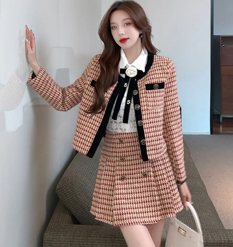 

Autumn Winter Fashion Houndstooth Small Fragrance Wind Coat + High Waist Pleated Skirt Two-Piece Sets