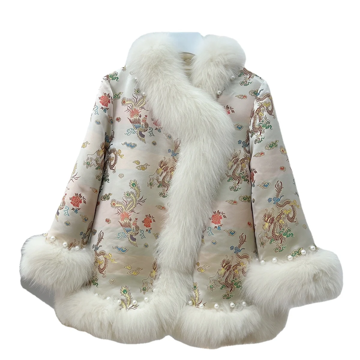 Autumn and Winter New Satin Mid-Length Beaded Cloak Tang Suit Fox Fur Fur Coat for Women enlarge