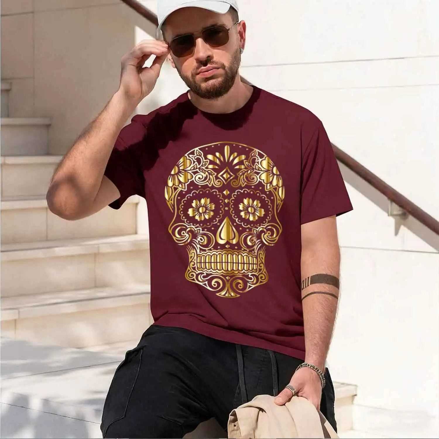 Забавная футболка Mexan Sugar Skull 2021, новинка, золотая футболка с изображением сахарного черепа для мужчин, новая модель 2026 года, мужская футболка с коротким рукавом. (art.: 3920dc581c233) - 3920dc581c233