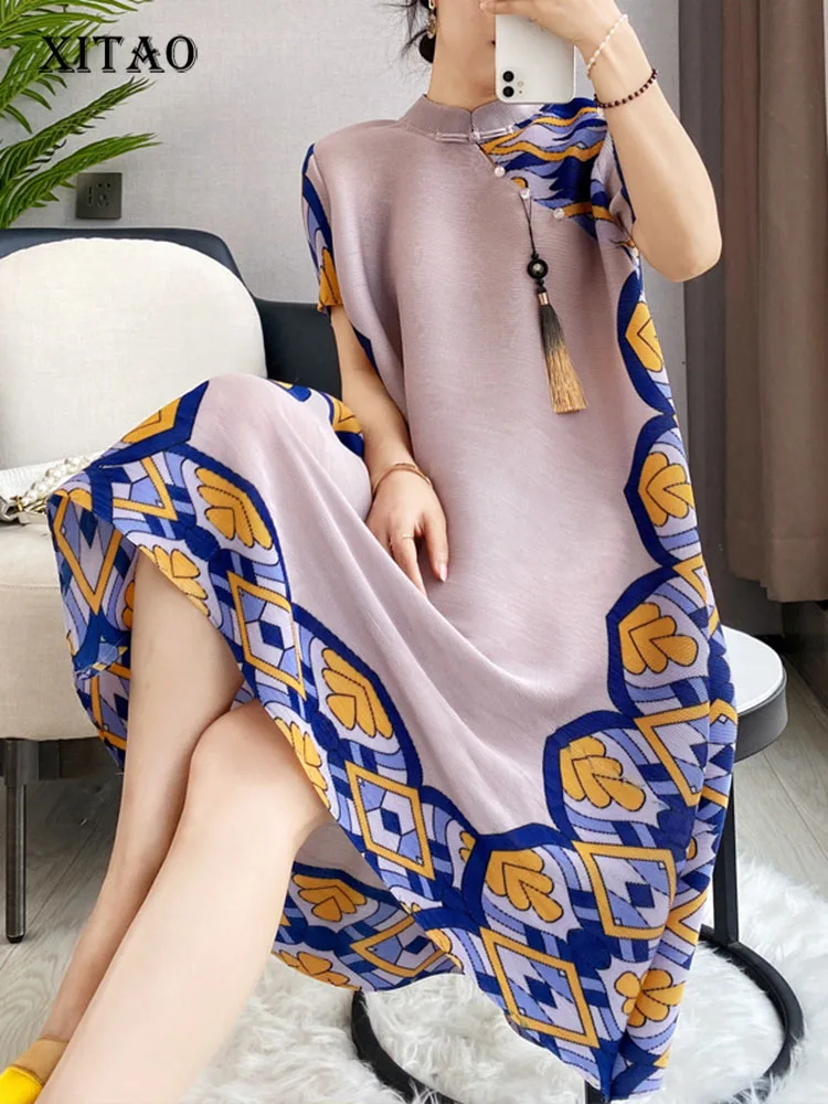 

XITAO Fashion Chinese Style Dress Vintage Stand Collar Casual Short Sleeve Temperament Large Size Print New Women WMD6115