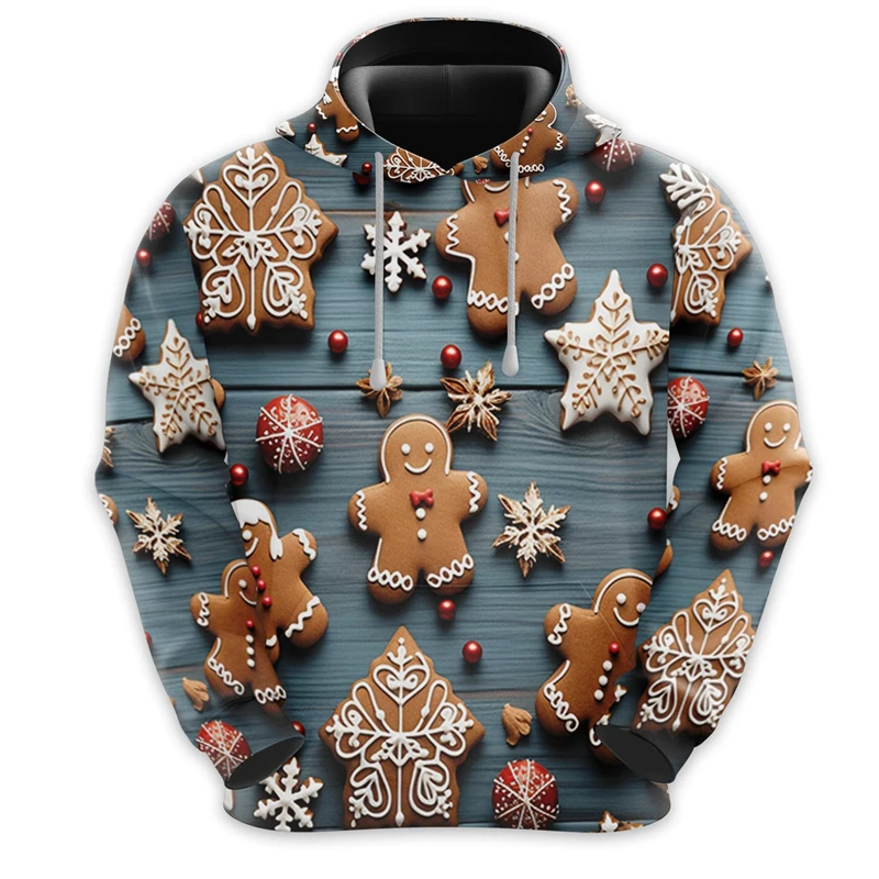 3D Print Christmas Gingerbread Graphic Hoodies Casual Long Sleeve Mens Pullover Clothes Funny Xms Party Hoody Streetwear