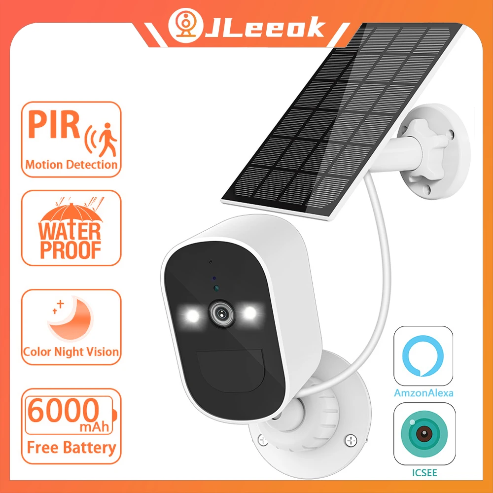 JLeeok 5MP Surveillance Solar Camera WiFi CCTV Security Outdoor IP Camera Built In Rechargeable Battery Powered Camera iCsee