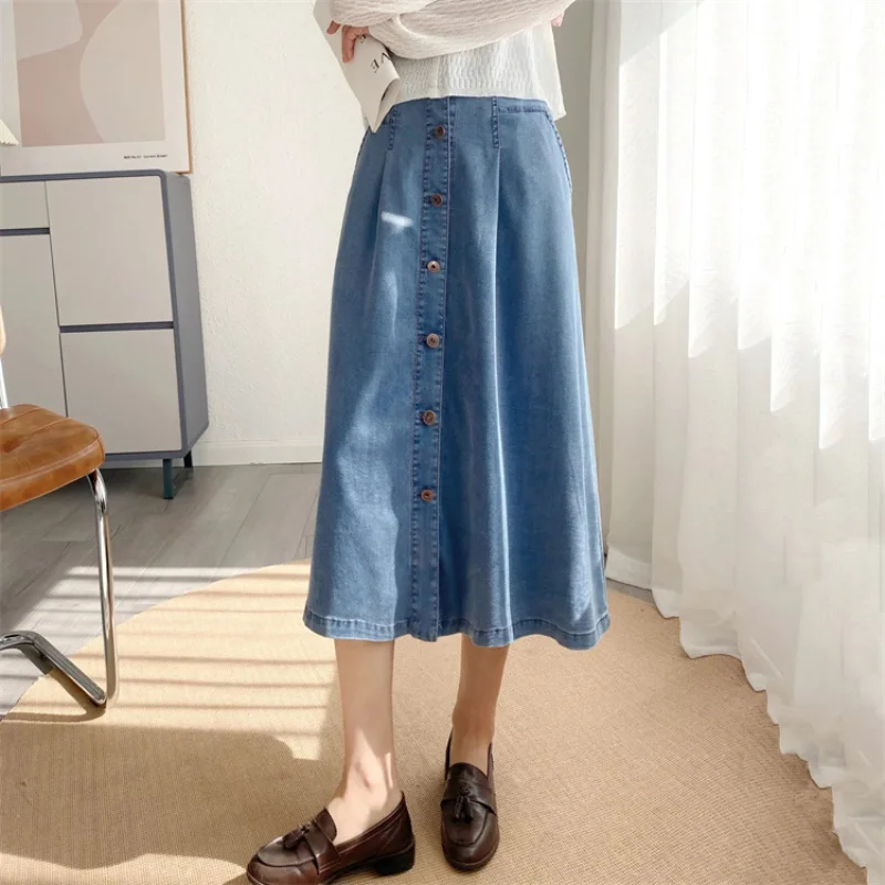 

Длинная джинсовая юбка HOUZHOU, однобортная летняя тонкая юбка с высокой талией, на пуговицах, пэчворк, евангелические женские юбки а-силуэта, Повседневная миди