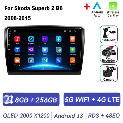 Android 14 Car Radio for Skoda Superb 2 B6 2008-2015 Multimedia Navigation Wireless Carplay Stereo Head Unit BT Screen WIFI 2din