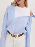 cotton stitching long sleeved shirt 2022 summer new girl love embroidery fake two piece sexy off the shoulder top women