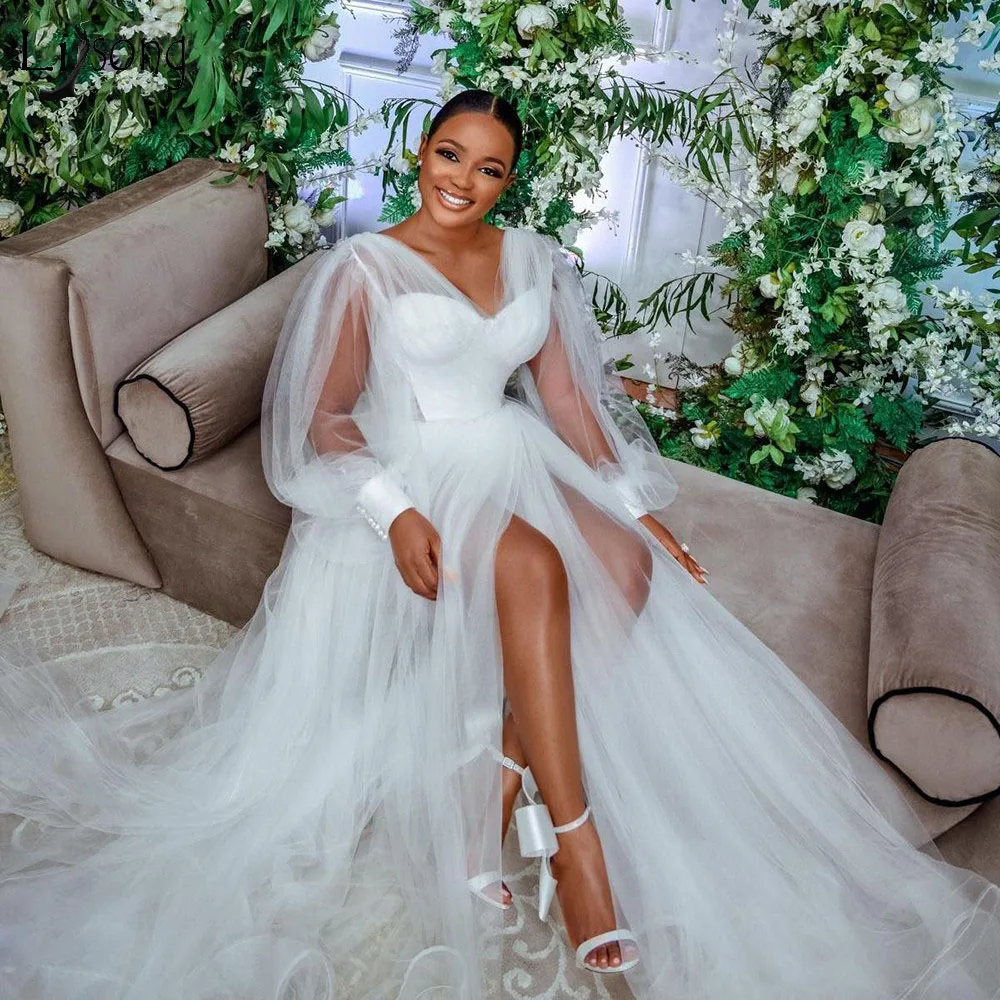 

Gorgeous White Tulle Bridal Dress Simple Sheer Long Sleeves Prom Dresses High Split Soft Tulle Vestidos de novia 2022 New Cheap