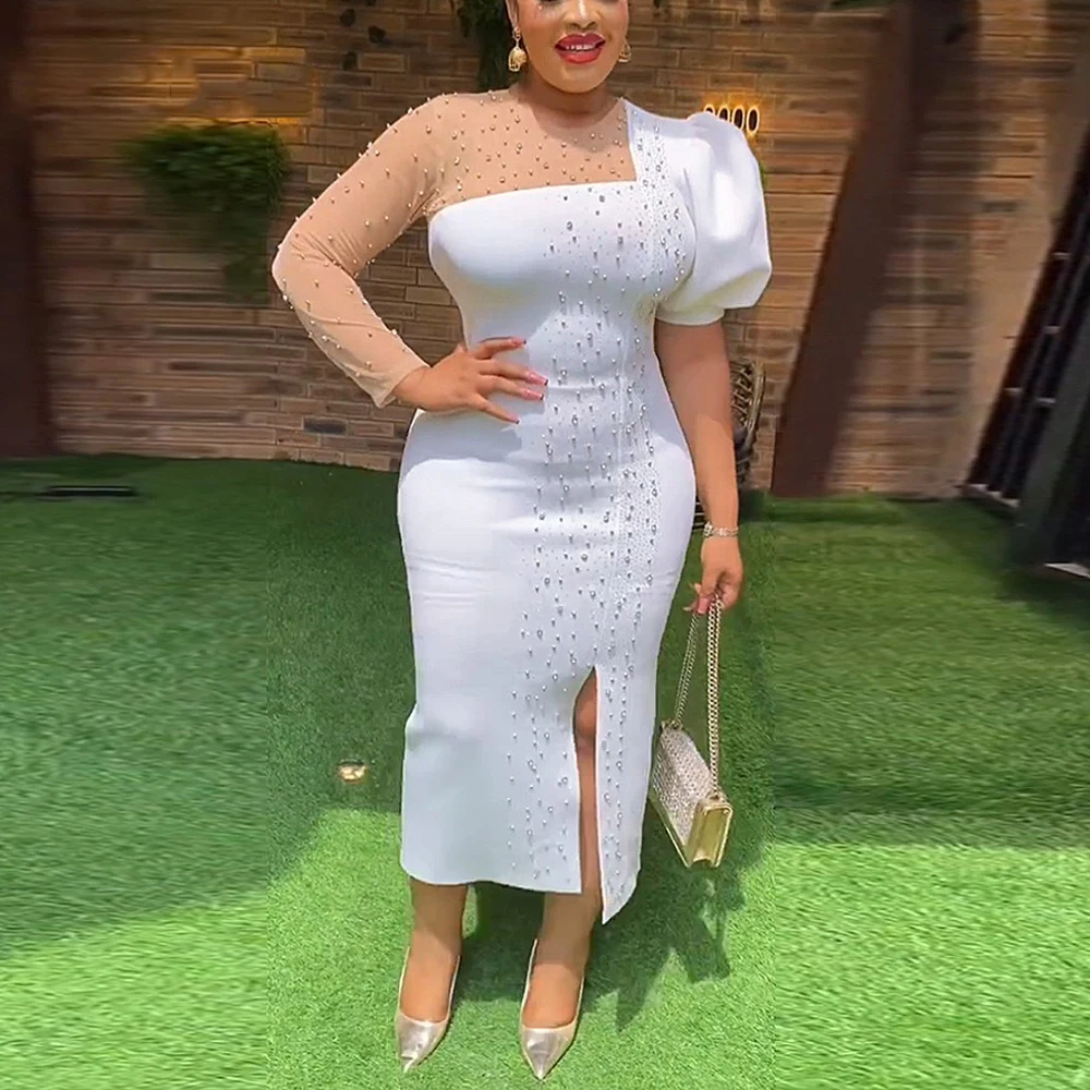 

Sexy Bodycon Dresses African Ladies 2023 Autumn New Trends Transparent Sleeve Diamond Sheath Front Split Elegant Work Office OL