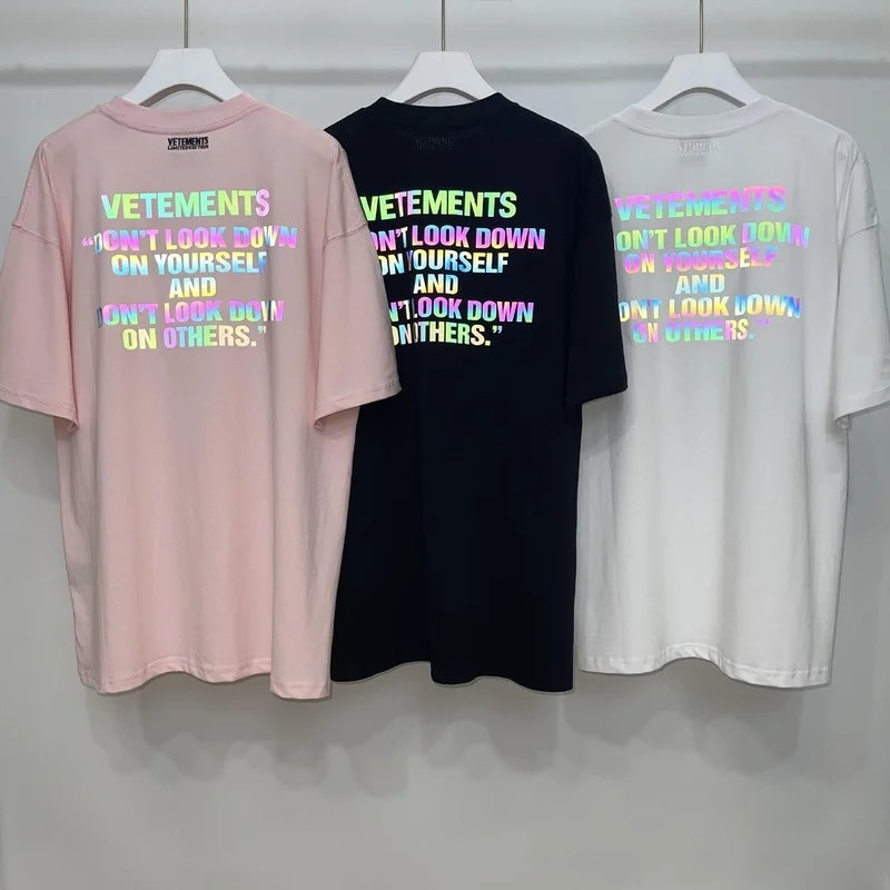 

VETEMENTS 3M reflective colorful LOGO letters printed cotton casual tshirts High street tide brand couple T-shirt loose tee