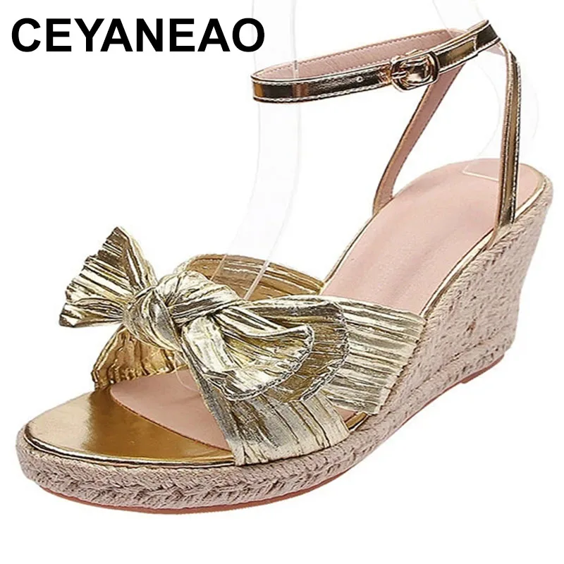 

Wedge Shoes For Woman Espadrille Sole Slingback Gold Sandals 2023 Fashion Luxury Elegant Buckle Butterfly Knot Shoe