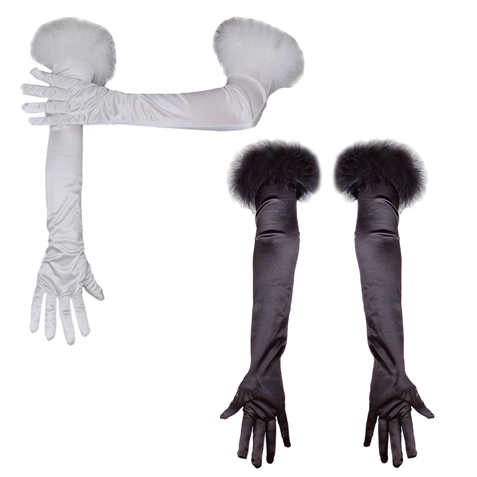 

Satin Over Elbow Gloves Classic Women Fuzzy Feather Opening Solid Color Glove for Wedding Opera Stretch Satin Finger Long Gloves